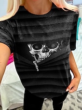 cheap Art&amp;Design tee-Women&#039;s T Shirt Skull Casual Short Sleeve Round Neck Regular Tops Halloween Daily Print Black Summer