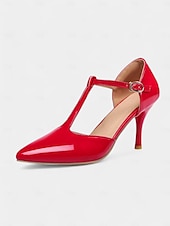 economico Semi-formale-eleganti tacchi a spillo con cinturino a T in vernice rossa da donna - ideali per matrimoni e occasioni speciali