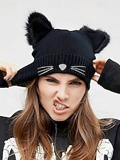 cheap Women&#039;s Hats-Women&#039;s Cute Cat Ear Beanie – Burgundy Knit Hat with Faux Fur Ears and Whisker Embroidery, Cozy and Stylish Winter Accessory