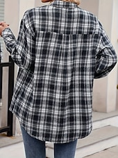 tanie Damskie bluzki robocze-bluzka damska plus size casual krata kieszeń długi rękaw regularne topy kołnierzyk koszulowy codzienny czarny wiosna&amp;amp;  jesień