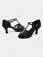 abordables Chaussures de danses latines-chaussures de danse latine pour femmes avec bride en T en strass et semelle en daim souple | talons chaton à bout ouvert en satin pour la salle de bal et la salsa