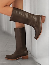 levne Cowboy &amp; Western Boots-dámské hnědé westernové kovbojské boty z umělé kůže - výška do půl lýtek s naskládaným podpatkem pro ležérní outfity a outfity ve venkovském stylu