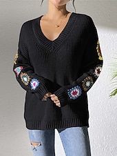 economico Motivi grafici e dettagli-Per donna Felpa Informale Morbido Floreale Uncinetto A V Lavorato a maglia Manica lunga Top regolari Maglia Esterno Giornaliero Fine settimana Nero Bianco Autunno Inverno
