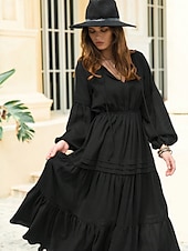 abordables robe longue noire-robe noire à volants en patchwork pour femme, robe longue, maxi, manches lanternes, élégante, décontractée, unie, col en V, manches longues, rendez-vous quotidien, été, printemps, noir