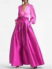 abordables VERT-Robe de soirée en A-Line élégante invitée de mariage formelle longueur au sol manches courtes encolure en V ceinture  sash satin avec plis 2025