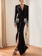 preiswerte Bodenlänge-Schwarz Weiß Blazer A-Linie Abendkleid Vintage Smoking Kleid Formal Hochzeit Bodenlänge Lange Ärmel Hemdkragen mit Strass Glitzer 2025