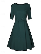 levne Party šaty-dámské řasené černé šaty midi šaty elegantní hladké s výstřihem 3/4 rukáv denní tmavě zelené námořnictvo