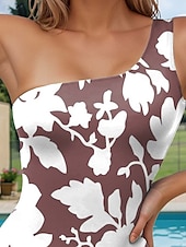 billiga One-piece-baddräkter-Damernas baddräkter En-delad Monokini baddräkt Rygglös Stomach Control Hög midja Slank Semester Strandkläder Blommig Asymmetrisk hals ärmlösa baddräkter