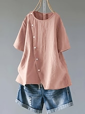 billige Skjorter-Dame Store størrelser Lin-inspirerte skjorter Bluse عادي Fritid Kortermet Crew-hals Vanlige topper Daglig Knapper Hvit Rosa Kakifarget Alle årstider