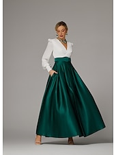 cheap GREEN-A-Line Evening Gown High Split Dress Formal Wedding Guest Floor Length Long Sleeve V Neck Fall Wedding Guest Satin with Pleats Slit