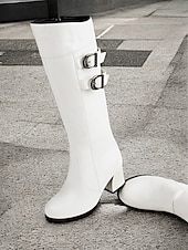 abordables Bottes à la mode-bottes blanches hautes pour femmes avec détail à double boucle – bottes à talon bloc élégantes pour les tenues d&#039;hiver et décontractées