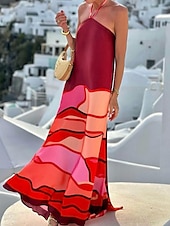 preiswerte Kleider für die Ferien-Damen Maxidress Casual kleid Schaukelkleid Brautkleider schlicht Täglich Regular Fit Farbblock Langarm Halfterhals Wein Sommer Frühling Herbst