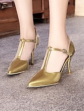 economico Semi-formale-eleganti tacchi a spillo con cinturino a T in vernice rossa da donna - ideali per matrimoni e occasioni speciali