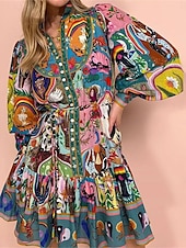 abordables Robes Bohémiennes-Femme Mini robe Robe casual robe boheme Bohême Rétro Vintage Ethnique du quotidien Standard Floral manche longue Col de Chemise Arc-en-ciel Eté Printemps Automne