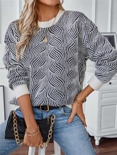 Women's Sweater Casual Soft Geometric Ribbed Crew Neck Knitted Long Sleeve Regular Tops Knit Outdoor Daily Weekend Black Fall Winter 14