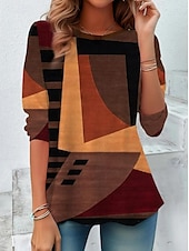 economico T-shirt a righe e geometrico-Per donna Maglietta Geometrico Moda Moderno Casual Manica Lunga Girocollo Top Regolari Quotidiano Weekend Stampato Marrone chiaro Autunno Inverno