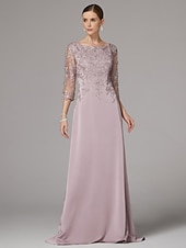 tanie Długość podłogi-Sukienka sheath na plażę Sukienka matki panny młodej Elegancka Dekolt bateau Długość do podłogi Satyna 3/4 długości rękaw z aplikacjami koronkowymi