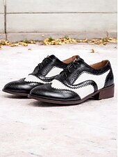 abordables Richelieu femme-chaussures richelieu brogue noires et blanches pour femmes - chaussures habillées vintage en similicuir à bout golf bicolore pour occasions formelles