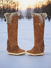 baratos Botas de neve e inverno-Botas de inverno femininas de camurça verde mocassim com forro de pele e detalhes de franjas – botas de neve confortáveis na altura do joelho para o tempo frio