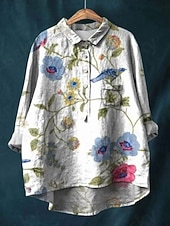 economico Camicie Finte Essenziali-Per donna Camicia Finto cotone e lino Manica Lunga Colletto a Camicia Blu Bianco Verde Primavera &amp; Autunno