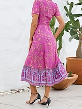 abordables Robes Bohémiennes-Femme Robe mi-longue Robe casual Robe Évasée Robe Trapèze robe boheme Bohême Décontractées du quotidien Standard Floral Manche Courte Col V Rouge Bleu Fuchsia Eté Printemps