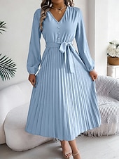 cheap Work Dresses-Women&#039;s Vintage Dress Mini Dress Pleated High Waist Elegant Formal V Neck Long Sleeve Blue Green Khaki Color