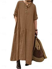 abordables Robes-Femmes Vert militaire bleu marine Kaki Printemps Automne Robe maxi Robes inspirées du lin Élégant Mode Bureau Coupe Ample Col en V