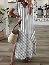 economico Abiti da vacanza-abito lungo a righe da donna con scollo a V e maniche corte, estivo