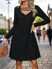 preiswerte schwarzes Minikleid-Damen schwarzes kleid Minikleid Ausgehöhlt Brautkleider schlicht V Ausschnitt Langarm Schwarz Farbe