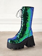 abordables Botas con plataforma-Botas de plataforma con cordones y lentejuelas para mujer: botas de tacón grueso brillantes en verde y azul para fiestas, festivales y cosplay
