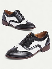 abordables Richelieu femme-chaussures richelieu brogue noires et blanches pour femmes - chaussures habillées vintage en similicuir à bout golf bicolore pour occasions formelles