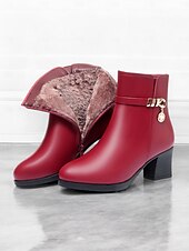 baratos Botas de tornozelo-botins femininos pretos - couro sintético com forro de pelúcia, zíper lateral e salto bloco para moda de inverno e uso casual