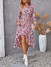 ieftine Rochii florale elegante-rochie midi dama cu decolteu in V cu maneca lunga vara primavara