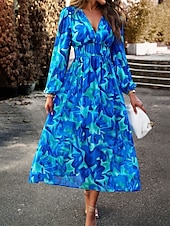 preiswerte Lässige Blumenkleider-Damen Maxidress Casual kleid Schaukelkleid A Linie Kleid Brautkleider schlicht Täglich Regular Fit Blumen Langarm V Ausschnitt Rote Blau Aprikose Sommer Frühling Herbst