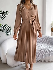 cheap Work Dresses-Women&#039;s Vintage Dress Mini Dress Pleated High Waist Elegant Formal V Neck Long Sleeve Blue Green Khaki Color