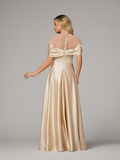 cheap CHAMPAGNE-A-Line Evening Gown Elegant Dress Formal Floor Length Short Sleeve Illusion Neck Satin with Ruched Beading