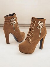 abordables Bottines-bottines en daim marron pour femmes - modèle à lacets avec boucle dorée et détails zippés, chaussures à talons hauts à plateforme pour des looks décontractés et de fête élégants