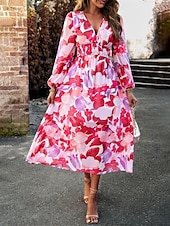 preiswerte Lässige Blumenkleider-Damen Maxidress Casual kleid Schaukelkleid A Linie Kleid Brautkleider schlicht Täglich Regular Fit Blumen Langarm V Ausschnitt Rote Blau Aprikose Sommer Frühling Herbst