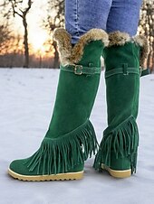 baratos Botas de neve e inverno-Botas de inverno femininas de camurça verde mocassim com forro de pele e detalhes de franjas – botas de neve confortáveis na altura do joelho para o tempo frio