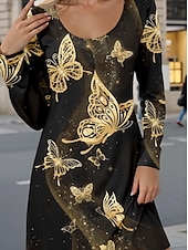 levne Zvířata se oblékají-Ženské mini šaty casual šaty petite šaty T-shirt šaty tričkové šaty plážové šaty casual dovolená street casual pravidelný střih motýl kulatý výstřih zlaté podzim zima