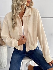 cheap Cardigans &amp; Outerwears-Women&#039;s Winter Coat Sherpa Jacket Outdoor Street Daily Wear Fall Winter Short Coat Regular Fit Thermal Warm Breathable Stylish Casual Jacket Long Sleeve Plain with Pockets Full Zip Dark Navy Army