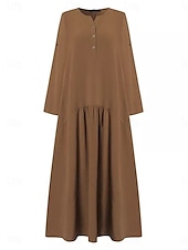 abordables Robes-Femmes Vert militaire bleu marine Kaki Printemps Automne Robe maxi Robes inspirées du lin Élégant Mode Bureau Coupe Ample Col en V