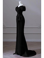 cheap BLACK-Wedding Dresses Mermaid / Trumpet Cowl Neck Short Sleeve Court Train Taffeta Bridal Gowns With Bow(s)