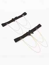 voordelige Damesarmband-Zwarte strik dijbeenketting harnas voor dames – sexy elastische kousenband met zilveren kettingaccenten, ideaal voor lingerie en festivaloutfits
