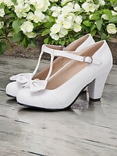billiga 1950-talet-svarta t-bandklackar för kvinnor med rosettdetalj - vintageinspirerade chunky pumps för kontor, fester eller högtidliga tillfällen