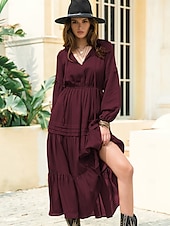 preiswerte Elegante Blumenkleider-Damen Maxidress Casual kleid Boho-Kleid Feste Farbe Retro Romantisch Täglich Verabredung Urlaub Patchwork Mit Gürtel Langarm V Ausschnitt Kleid Regular Fit Wein Herbst Winter S M L XL XXL