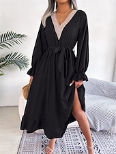 abordables Robe de cocktail-Robe casual Robe Évasée Robe Trapèze Femme Robe mi-longue Patchwork Avec ceinture Sport &amp; Loisir Plein Air Décontractées Col V manche longue Standard Noir Vin Vert S M L XL
