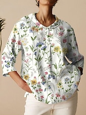 economico Top Grafici da Donna-Per donna Camicia Blusa Floreale Essenziale Informale Manica a 3/4 Colletto Top regolari Giornaliero Bottoni Stampa Bianco Verde Cachi Autunno Inverno