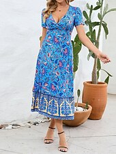 abordables Robes Bohémiennes-Femme Robe mi-longue Robe casual Robe Évasée Robe Trapèze robe boheme Bohême Décontractées du quotidien Standard Floral Manche Courte Col V Rouge Bleu Fuchsia Eté Printemps