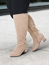 abordables Bottes à la mode-bottes hautes en daim beige à mollet large pour femmes avec talons épais – chaussures confortables et élégantes pour les tenues décontractées et hivernales